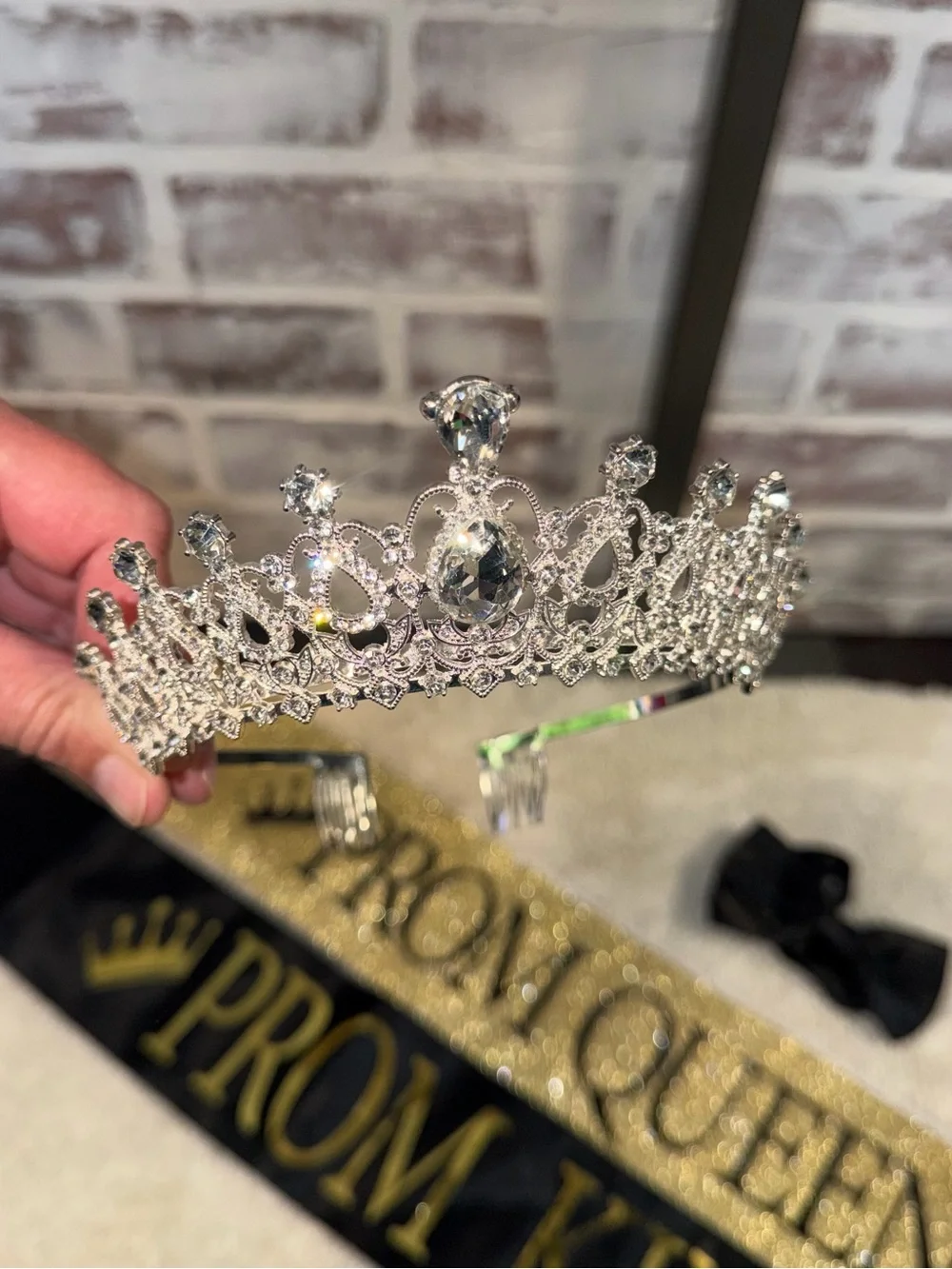 Prom Queen and Prom King Sashes with Black Bow and Silver Tiara